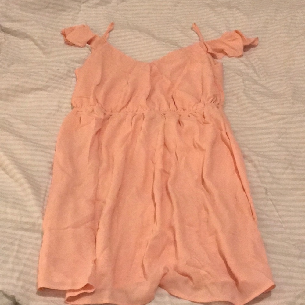 Peach/ pink off the shoulder dress.